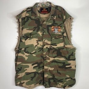 Hot Leathers Loconia Weirs Beach Motorcycle Rally 2007 Camo Sleeveless Button Up